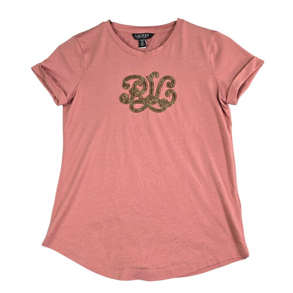 Ralph Lauren Beaded Logo Jersey Tee Shirt Women's XS Dark Pink LRL Logo Soft